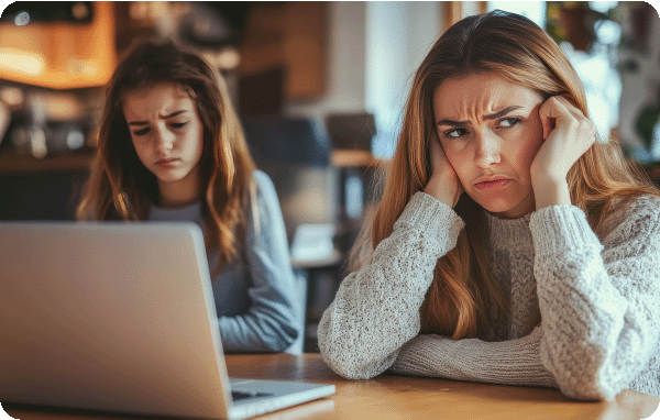 Frustrated with website tech: Two women at desk on laptop with frustrated expressions.